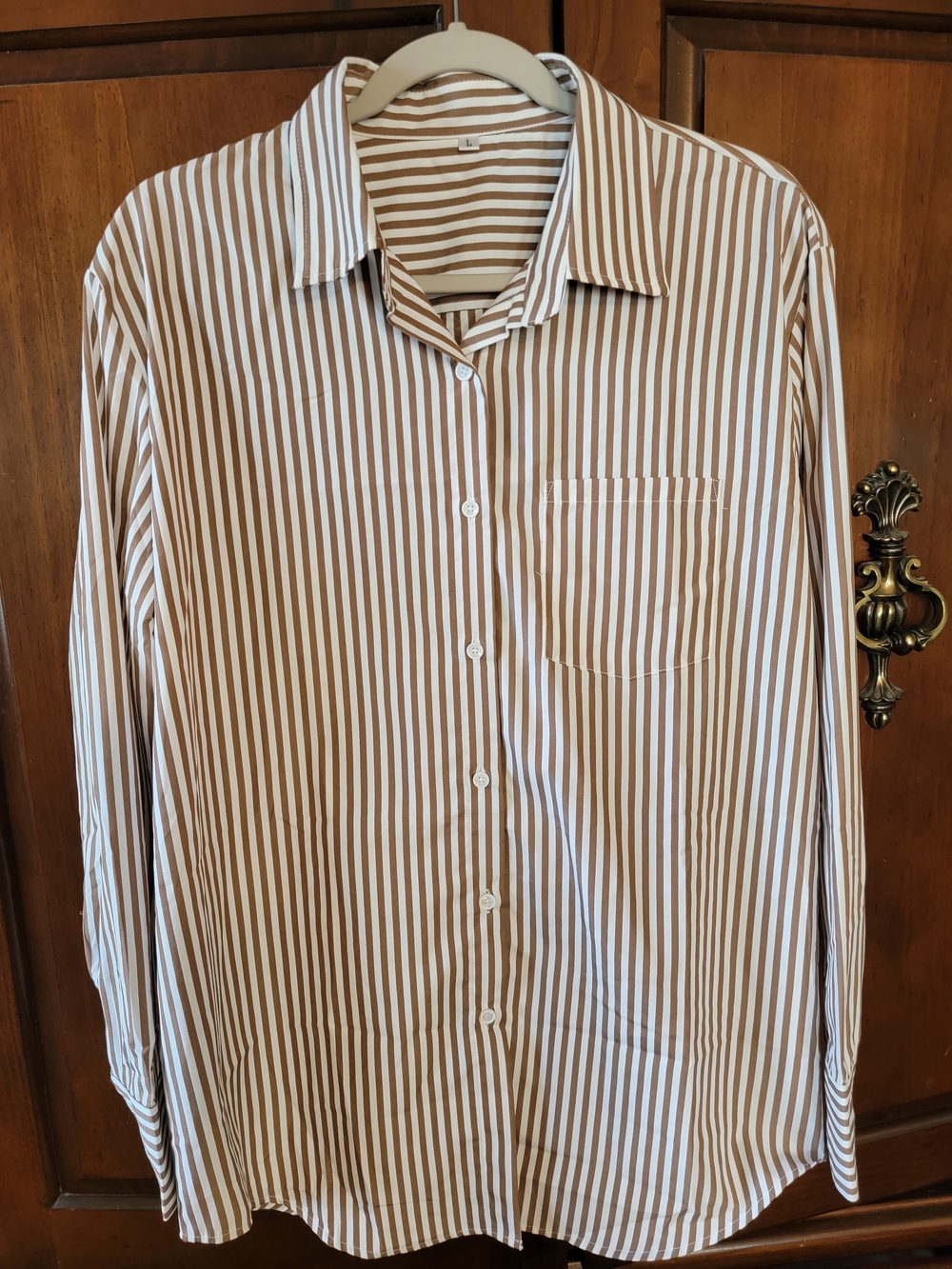 Women's Brown and White Striped Button-Up Shirt- Large
